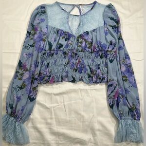 Free People Daphne blouse in the silver blue combo color with a floral lace
